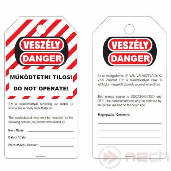 LOTO PVC azonosító kártya két nyelvű / VESZÉLY! / DANGER! magyar és angol nyelvű feliratokkal