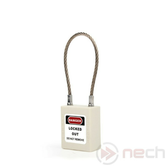 NECH PLC-W LOTO lakat, kábeles kengyellel - fehér / Stainless Steel Cable Shackle Safety Padlock - White