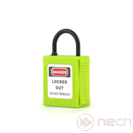 NECH PL20NT-G vékony rövid műanyag kengyeles LOTO lakat, zöld színben