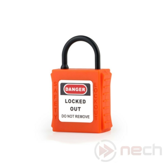 NECH PL20NT-O vékony rövid műanyag kengyeles LOTO lakat, narancs színben