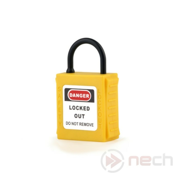 NECH PL20NT-Y vékony rövid műanyag kengyeles LOTO lakat, sárga színben