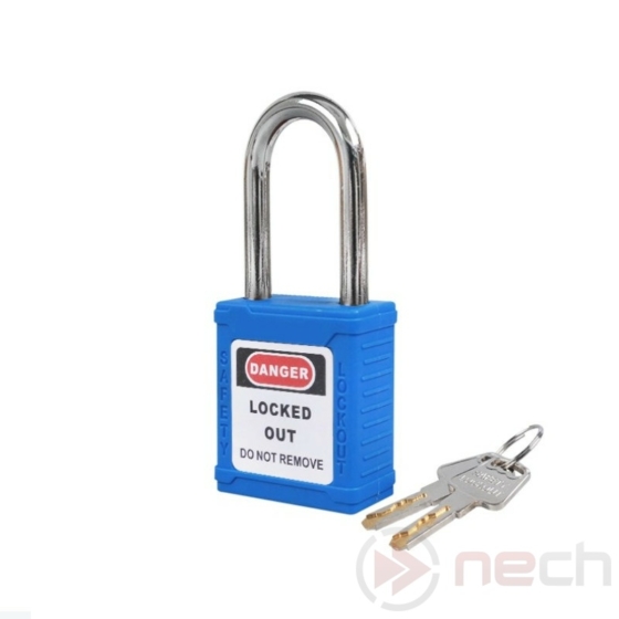 NECH PL38-BE Biztonsági LOTO lakat, acél kengyellel - kék / Steel shackle safety padlock - blue