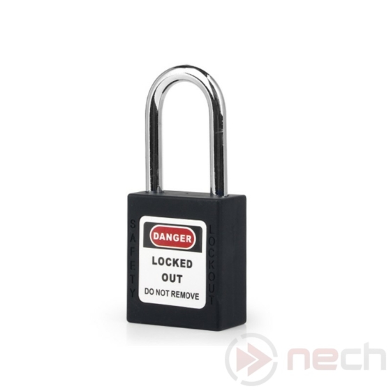 NECH PL38-BK Biztonsági LOTO lakat, acél kengyellel - fekete / Steel shackle safety padlock - black