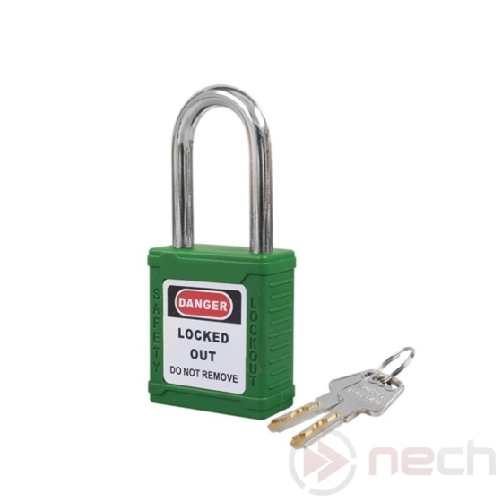 NECH PL38-G Biztonsági LOTO lakat, acél kengyellel - zöld / Steel shackle safety padlock - green