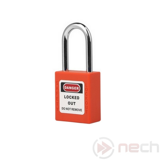 NECH PL38O Biztonsági LOTO lakat, acél kengyellel - narancssárga / Steel shackle safety padlock - orange