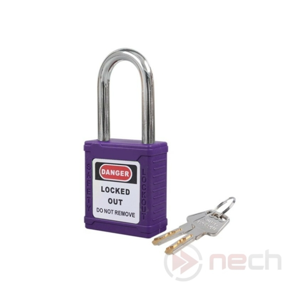 NECH PL38P Biztonsági LOTO lakat, acél kengyellel - lila / Steel shackle safety padlock - purple