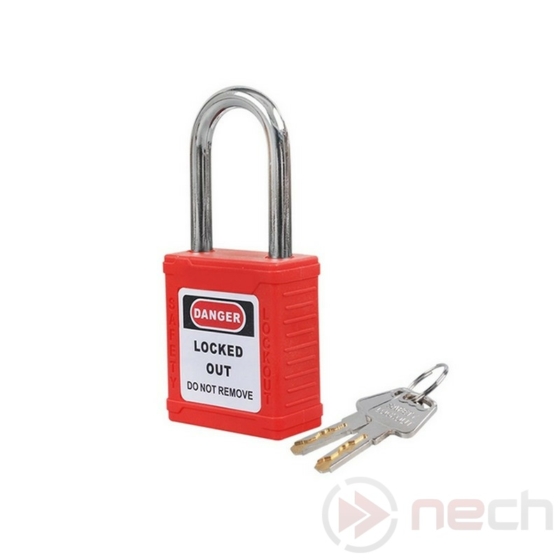 NECH PL38R Biztonsági LOTO lakat, acél kengyellel - piros / Steel shackle safety padlock - red