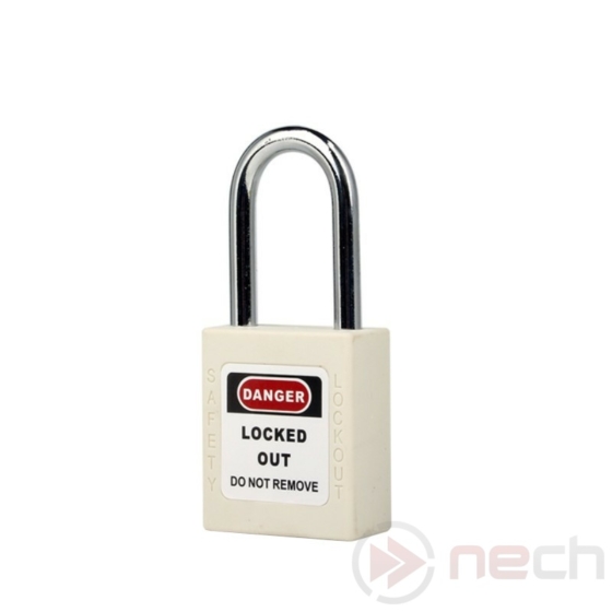NECH PL38W Biztonsági LOTO lakat, acél kengyellel - fehér / Steel shackle safety padlock - white