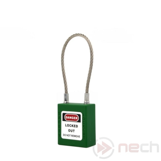 NECH PLC-G LOTO lakat, kábeles kengyellel - Zöld / Stainless Steel Cable Shackle Safety Padlock - green