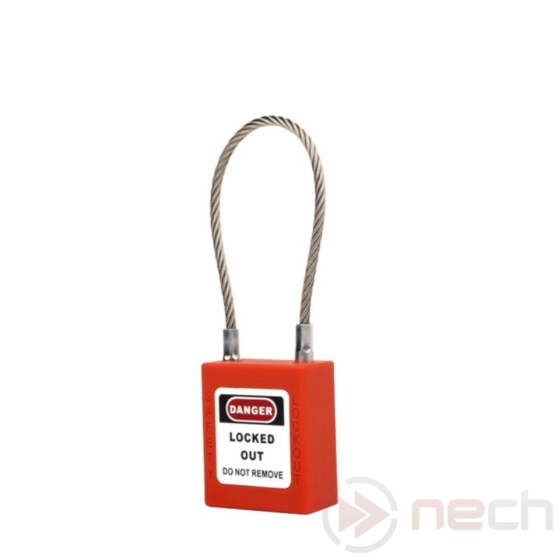 NECH PLC-O LOTO lakat, kábeles kengyellel - narancssárga / Stainless Steel Cable Shackle Safety Padlock - Orange