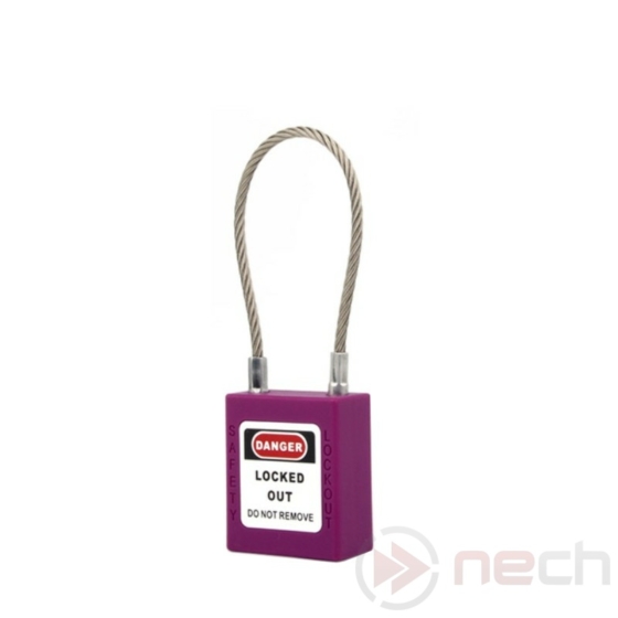NECH PLC-P Munkavédelmi LOTO lakat, kábeles kengyellel - lila / Stainless Steel Cable Shackle Safety Padlock - Purple