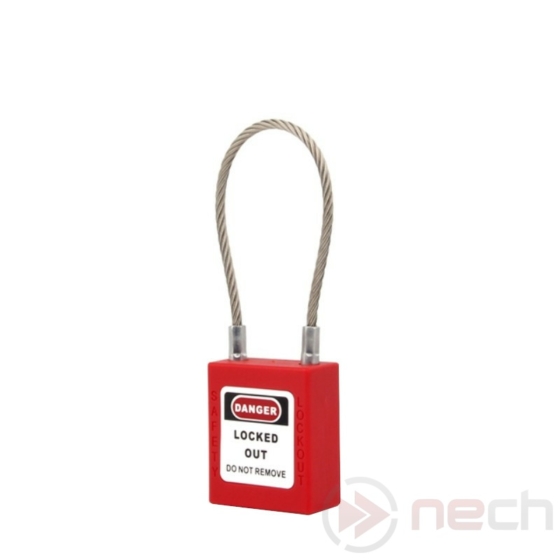NECH PLC-R LOTO lakat, kábeles kengyellel - piros / Stainless Steel Cable Shackle Safety Padlock - Red