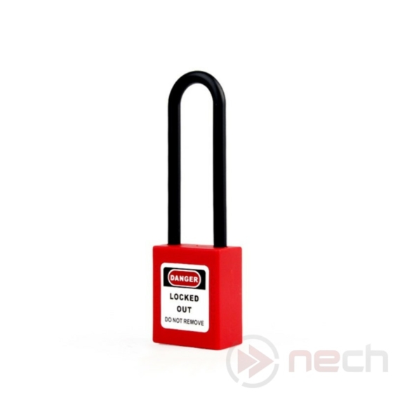 NECH PL76LN-R Munkavédelmi LOTO lakat hosszú műanyag kengyellel - Long Nylon Shackle Safety Padlock