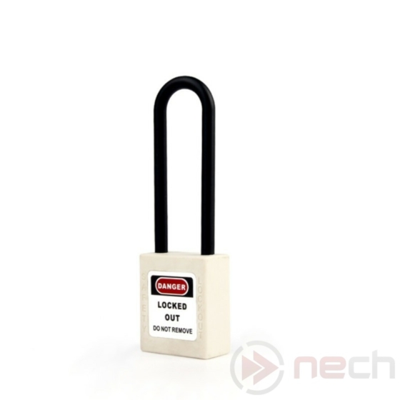NECH PL76N-W Munkavédelmi LOTO lakat hosszú műanyag kengyellel - Long Nylon Shackle Safety Padlock
