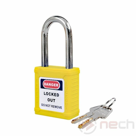 NECH PL38Y Biztonsági LOTO lakat, acél kengyellel - sárga / Steel shackle safety padlock - yellow